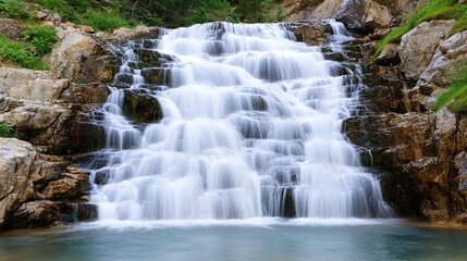 Obraz premium Serene cascading waterfall flowing over rocky terrain into tranquil pool below
