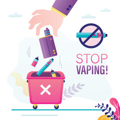 Giving up e-cig smoking addiction. Human hand throw pack of e-cigarettes and bottles into trash can. Prohibition of electric cigarette. Healthy lifestyle. Stop vaping.