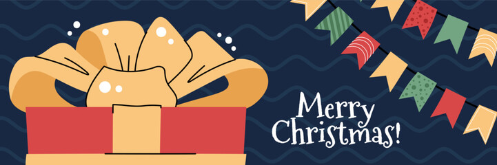 Christmas horizontal banner with a red gift box, a garland in a flat cartoon style. Vector illustration for poster, banner, invitation, etc.
