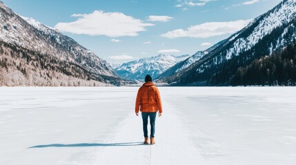 Solitary Traveler Walking on Frozen Lake Surrounded by Majestic Snow-Capped Mountains