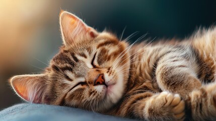Cute sleeping tabby cat with soft fur and peaceful expression on a cozy surface