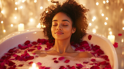 tranquil young woman with radiant skin soaking in bubble bath surrounded by rose petals and soft candlelight, creating serene and relaxing atmosphere