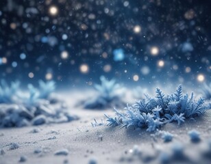 Glittering blue dust particles in a bokeh effect on a textured background of fresh snow, with frozen crystals and frost , icy crystal, snowflake, bokeh