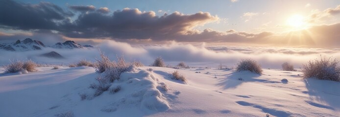 Frosty Morning with Drifting Snow and Puffy Clouds , cloud, serene, frost
