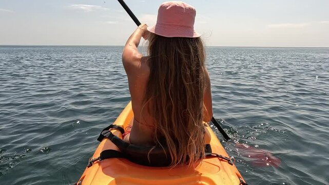 Woman Kayak Ocean - A woman in a pink hat paddles a kayak on the ocean, enjoying a sunny day.