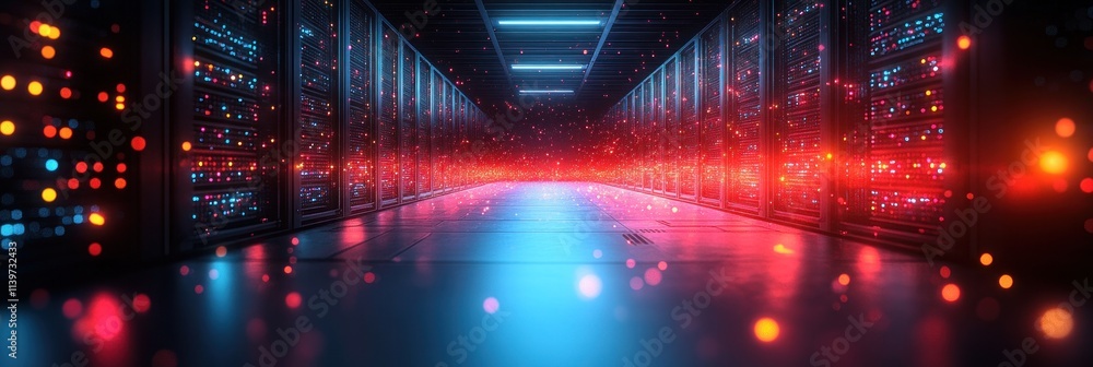 Poster a futuristic data center with illuminated pathways and server racks.