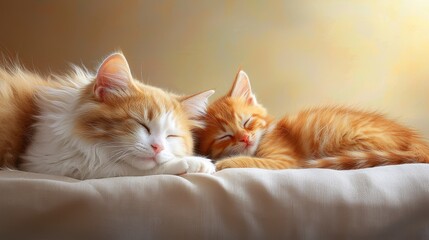 Adorable Ginger Cat and Kitten Sleeping Peacefully on Soft Blanket in Natural Light