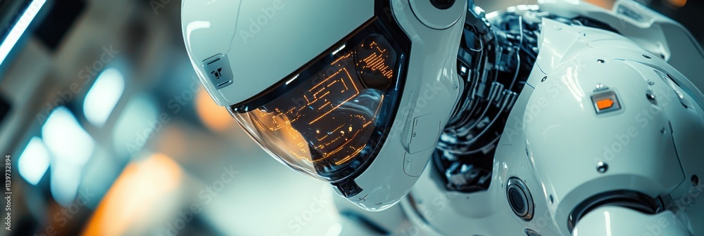 Aufkleber a futuristic robot with a helmet, displaying advanced technology in a sci-fi setting.