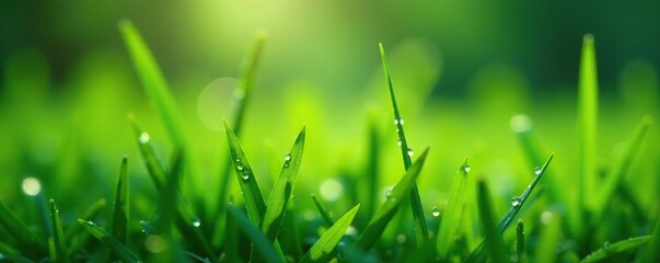 Dew droplets glisten on slender blades of green grass, dew, water, dewdrops