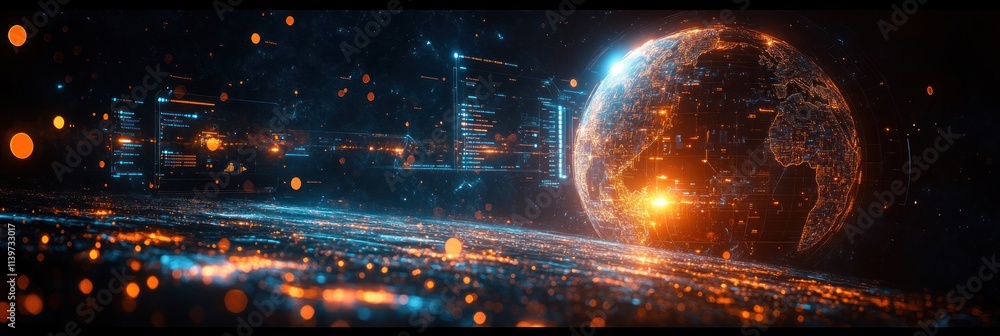 Poster a digital representation of earth with glowing data elements and a futuristic atmosphere.