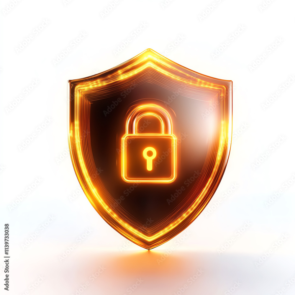 Poster a glowing shield with a padlock symbol representing digital security and protection.