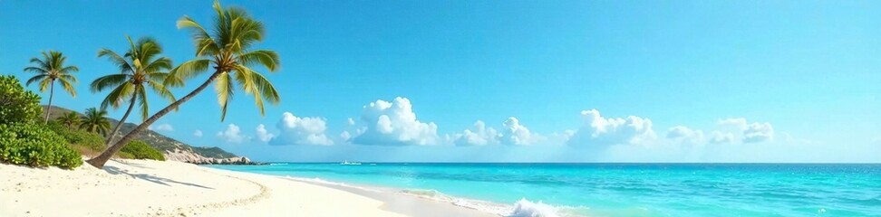 Obraz premium Desert sea coast with a few palm trees swaying in the wind against a clear blue summer sky, clear sky, palm tree, peaceful