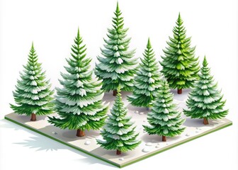 Isometric illustrations of fir trees set against snow and grass, perfect for adding a festive touch to your holiday designs and decorations. Ideal for Christmas themes.