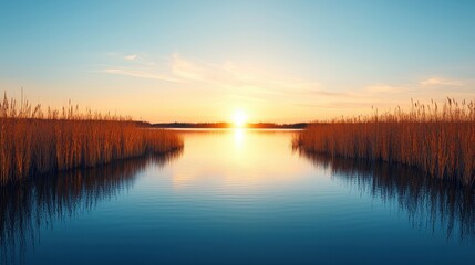 Obraz premium Tranquil Sunset Over Calm Water Surrounded by Reeds in a Serene Natural Landscape