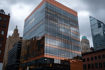 Modern Urban Architecture with Reflective Glass Facade in a Bustling Cityscape Showcasing Contemporary Design Against a Dramatic Cloudy Sky