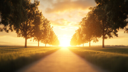 A stunning sunset illuminates a pathway flanked by trees, creating a serene atmosphere.