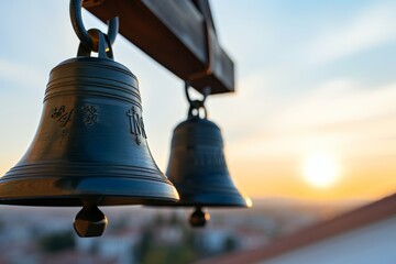 Obraz premium A close-up of a large church bell with intricate engravings, hanging in the foreground with a warm sunset in the background.