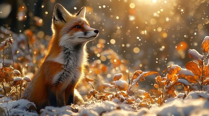 A fox sits gracefully in a snowy landscape, illuminated by soft, warm sunlight.