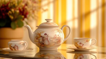 Fototapeta premium Elegant porcelain tea set on glass table with floral design.