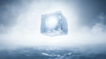 Obraz premium An ethereal floating ice cube illuminated by a soft glow in a misty environment.