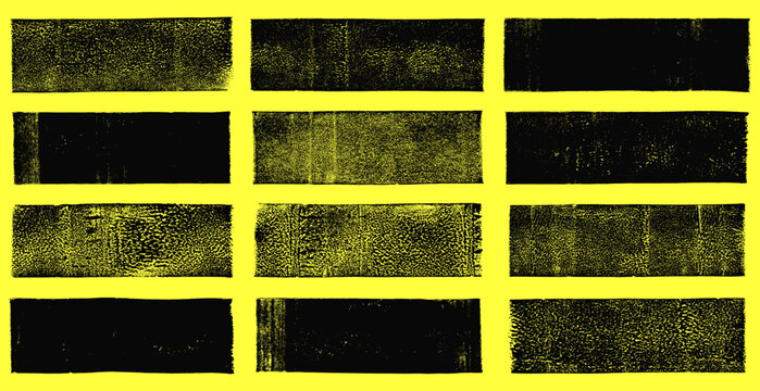 Linocut vector relief printing rectangle shapes, wide stripes rough textures collection. Artistic linocutting textured backgrounds set. Paint roller stains, lino ink grungy geometric text box template