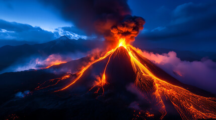 Majestic volcanic eruption with fiery lava flow under a dramatic twilight sky.