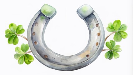 Light grey horseshoe watercolor illustration perfect for St. Patrick's Day. Ideal for Irish holiday cards, websites, flyers, wrapping, and various good luck designs.