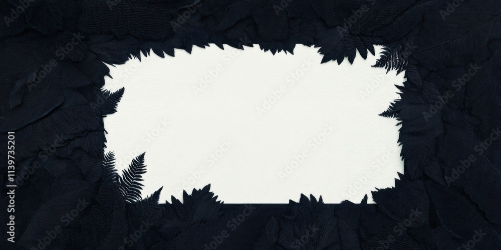 Poster banner featuring clear empty space bordered by textured black leaves and fern accents in intricate d