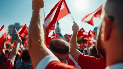 A vibrant crowd holding flags under the bright sunlight, expressing unity and patriotism in a public square.