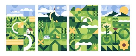 Summer geometric landscape posters set. Abstract countryside nature, rural sceneries in cubist style. Contemporary stylized village views. Modern interior decoration, art. Flat vector illustrations © Paper Trident