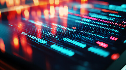 Abstract data visualization with glowing lines and vibrant colors on a digital screen.