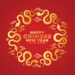 Happy chinese new year, year of the snake - Text in circle frame with gold snakes zodiac roll and flowers around on red background vector design