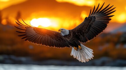 Obraz premium A majestic eagle soaring against a vibrant sunset backdrop.