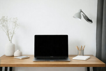Sleek Home Office Desk with Blank Laptop Screen for Productivity Content