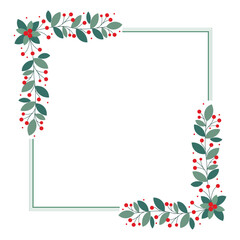 Lovely Square Frame Or Wreath With Green Leaves And Red Cherry Berries