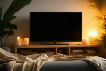 Cozy Living Room with Blank TV Screen and Warm Lighting