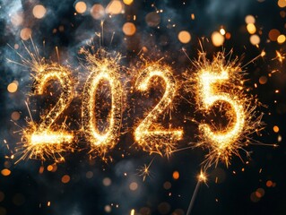 Golden sparkler New Year 2025 number, 2025 New Year,  fireworks on black background