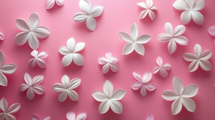 Many white paper flowers on pink background. Ideal for feminine, spring, or wedding themes.