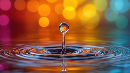 Colorful water drop impacting surface, creating ripples and bokeh.