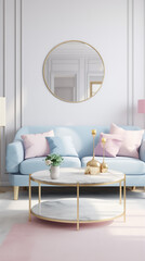 Pastel pink and blue interior with sofa and picture on the wall. 