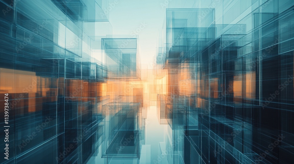 Poster abstract image of translucent cubes, creating a futuristic city. ideal for tech, innovation, and arc