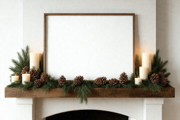 Rustic Fireplace Mantel with Blank Frame and Seasonal Decor