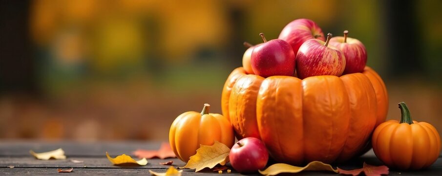 Pumpkin pot filled with colorful gum and apples, autumnal theme, autumn, gum