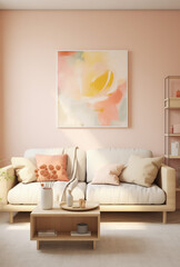 Modern living room interior with bright colors. Sofa, picture on the wall, big window and coffee table with vase.