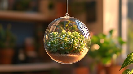 A hanging glass globe with tiny succulents and sand, suspended above a workspace filled with natural tones and soft lighting, hd quality, airy and refreshing. --ar 16:9