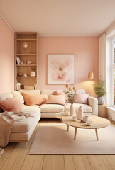 Fototapeta premium Modern interior of living room with couch and poufs near orange wall.