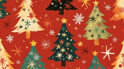 Festive Christmas Trees Pattern Red Background Design