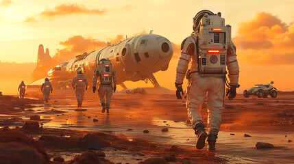 Astronaut walkat sunset. 3D rendering.