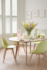 Dining table in interior of kitchen with table and chairs. Flowers in vase on the table. Big window with light.