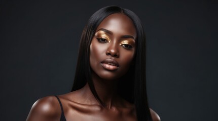 Fototapeta premium Captivating portrait of a confident model with radiant makeup against a dark backdrop showcasing elegance and beauty